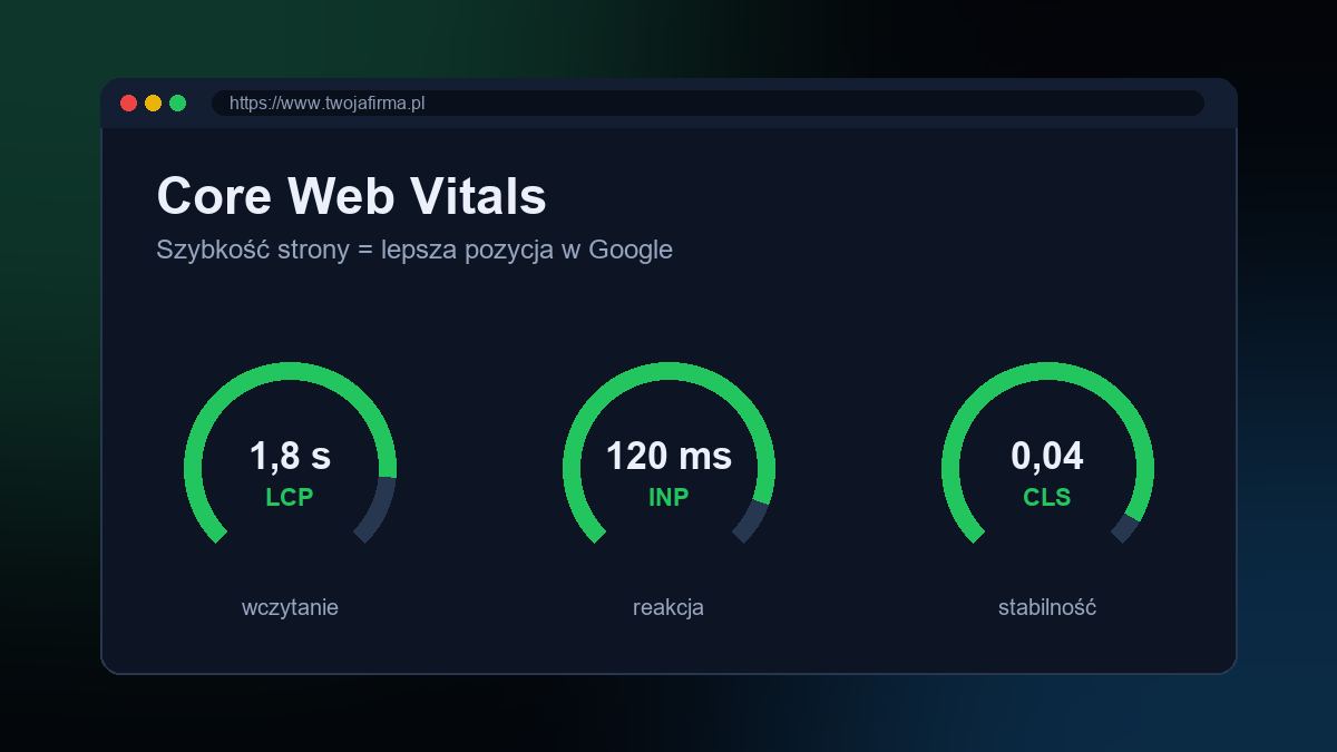 Wskaźniki Core Web Vitals – LCP, INP i CLS w zielonym zakresie